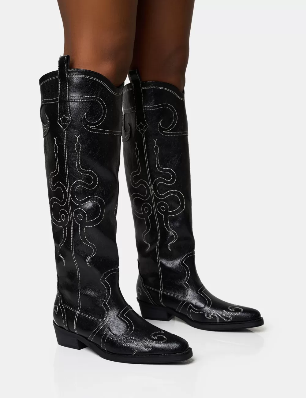 Sale Public Desire Serpentine Snake Embroidered Flat Knee High Western Boots Black
