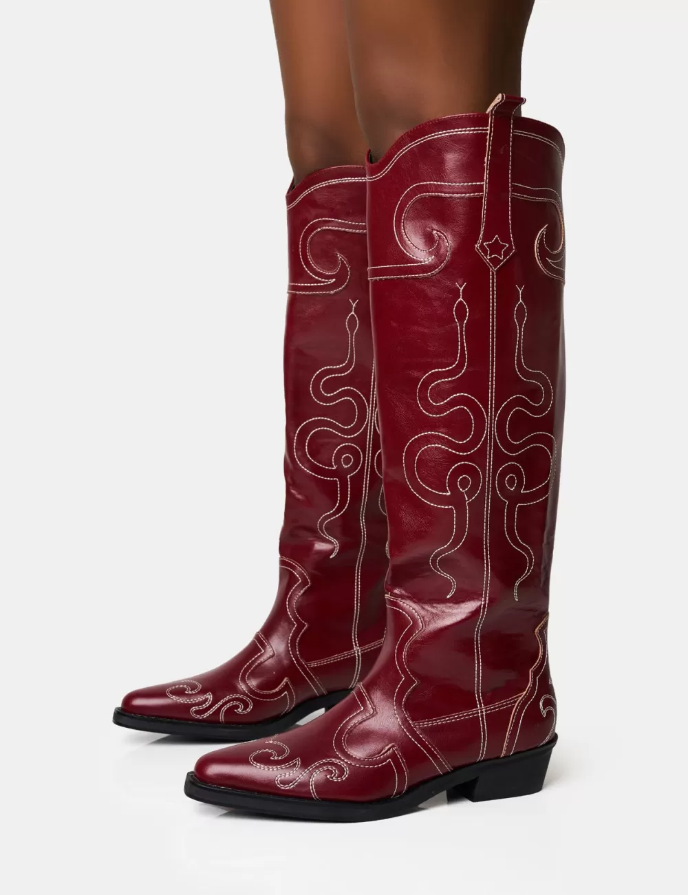 Hot Public Desire Serpentine Burgundy Wide Fit Snake Flat Knee High Western Boots