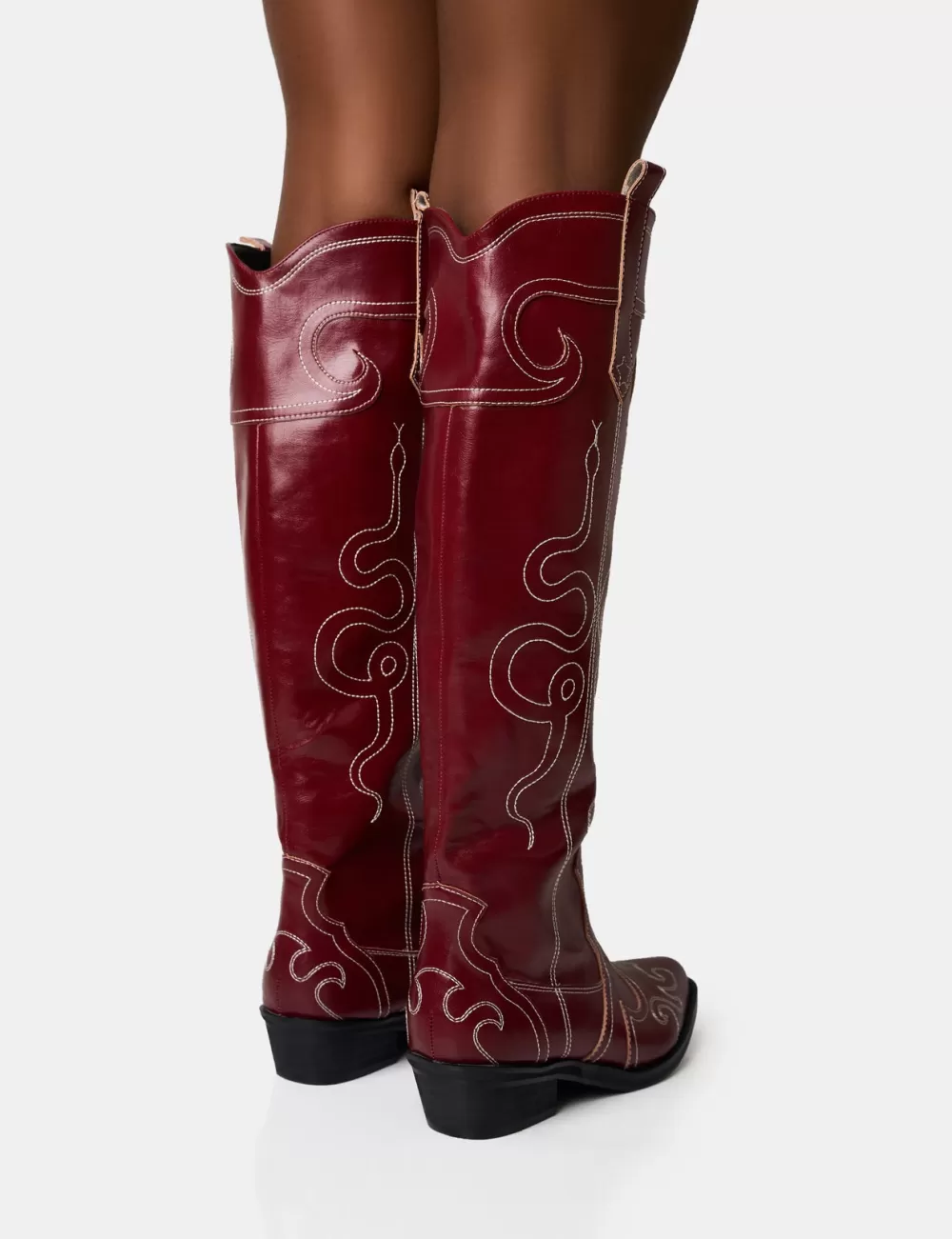 Hot Public Desire Serpentine Burgundy Wide Fit Snake Flat Knee High Western Boots