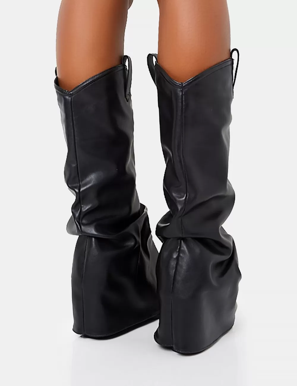 Flash Sale Public Desire Sheriff Pu Western Inspired Fold Over Pointed Toe Block Heeled Cowboy Knee High Boots Black