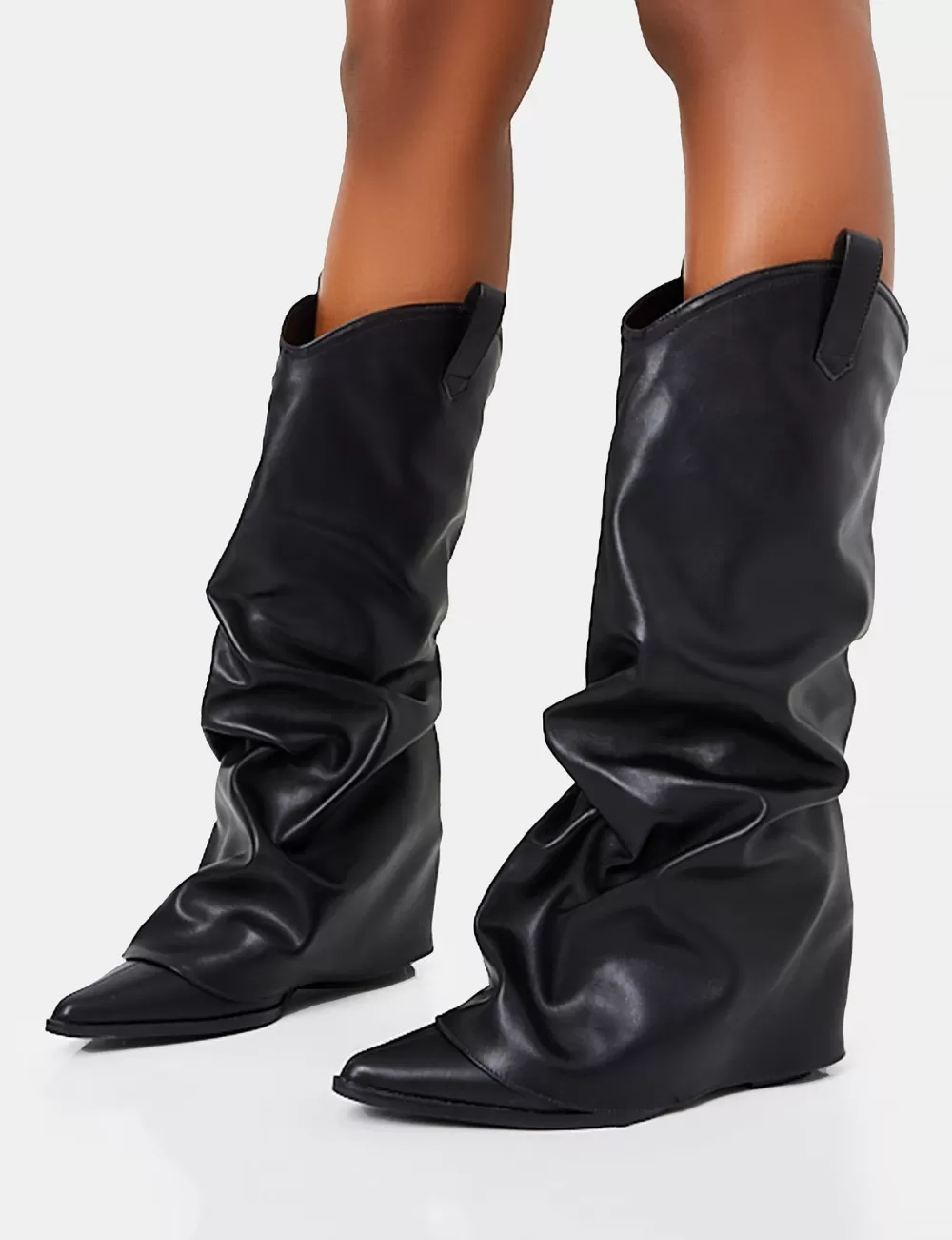 Flash Sale Public Desire Sheriff Pu Western Inspired Fold Over Pointed Toe Block Heeled Cowboy Knee High Boots Black