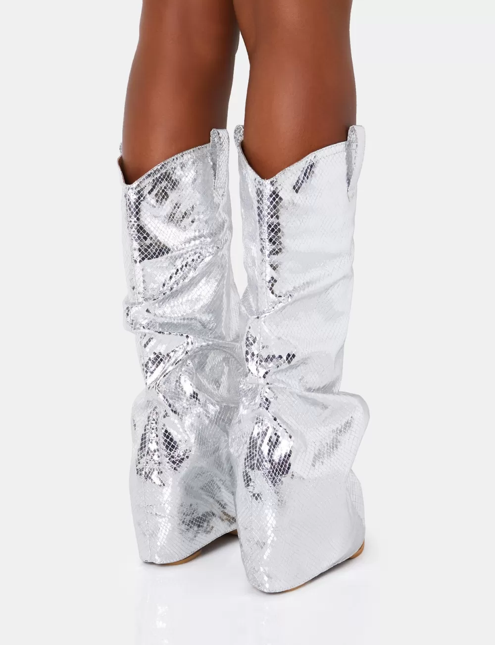 Online Public Desire Sheriff Metallic Western Fold Over Block Cowboy Knee High Boots Silver