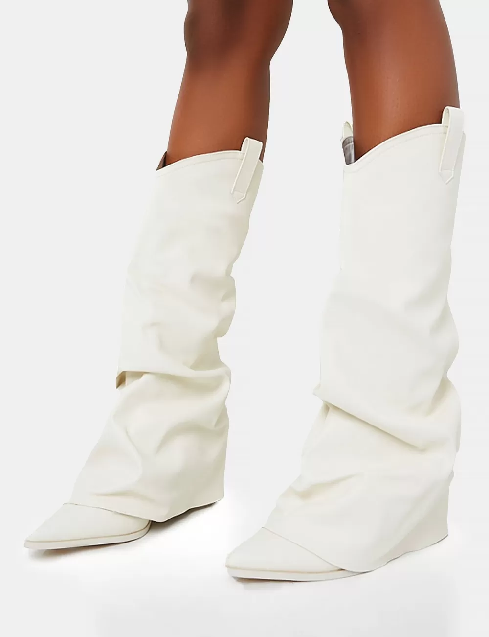 Fashion Public Desire Sheriff Pu Western Inspired Fold Over Pointed Toe Block Heeled Cowboy Knee High Boots White