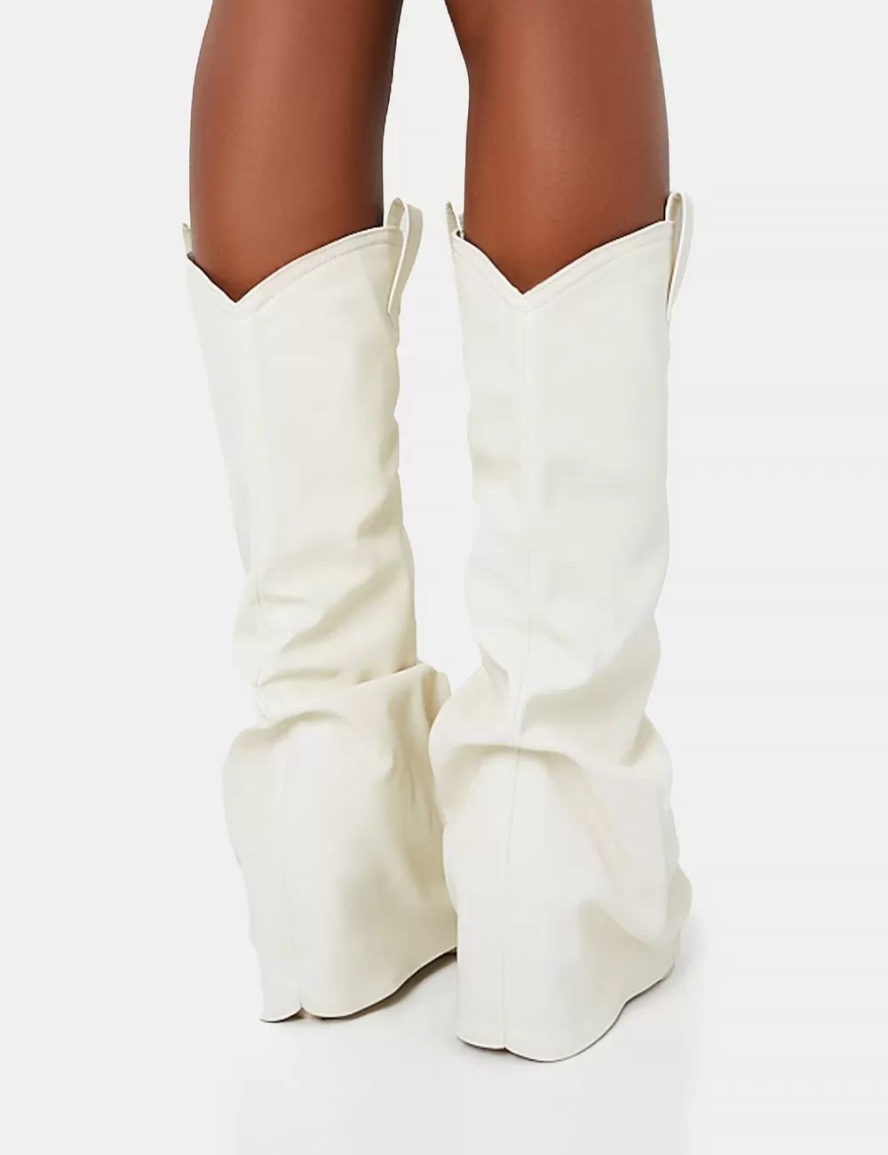 Fashion Public Desire Sheriff Pu Western Inspired Fold Over Pointed Toe Block Heeled Cowboy Knee High Boots White