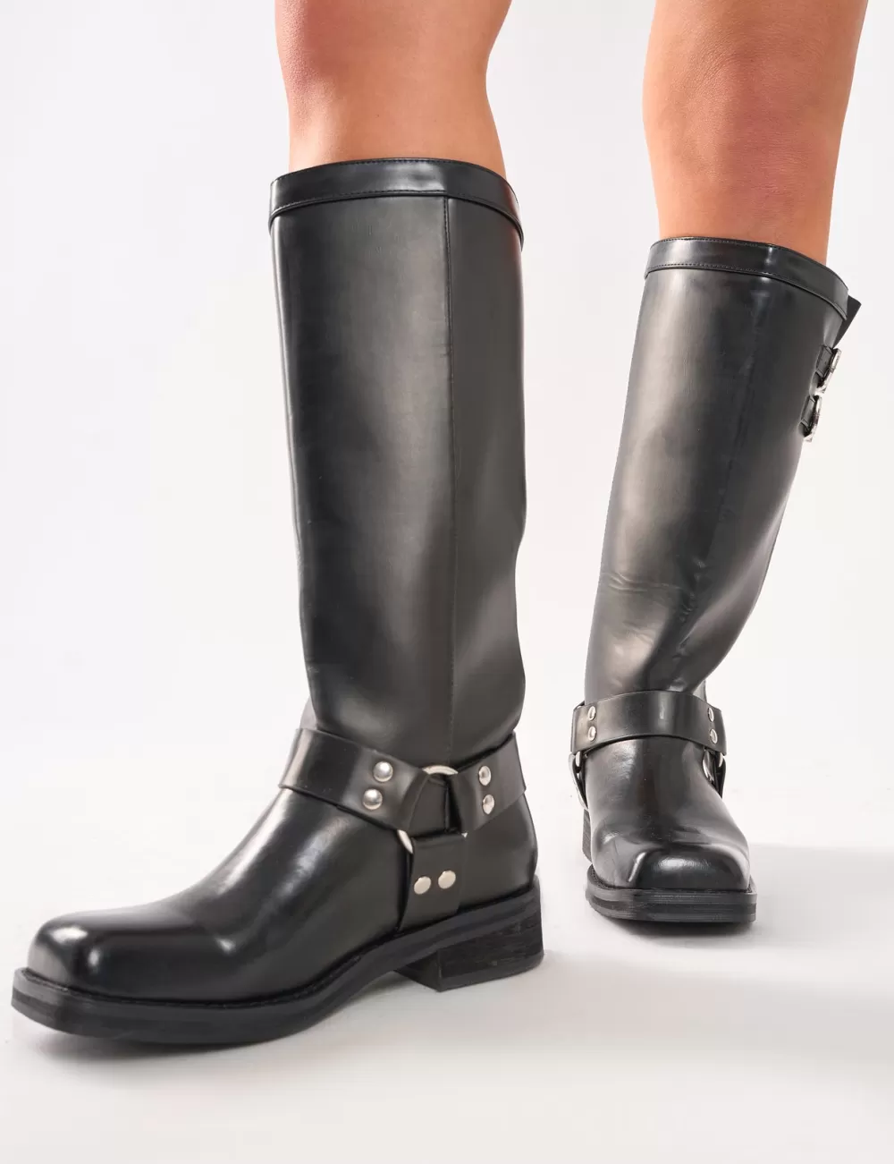 Discount Public Desire Sirius Vintage Buckle Knee Hight Flat Boots Black