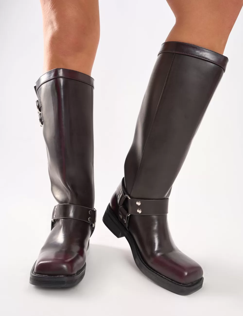 Best Sale Public Desire Sirius Vintage Buckle Knee Hight Flat Boots Burgundy