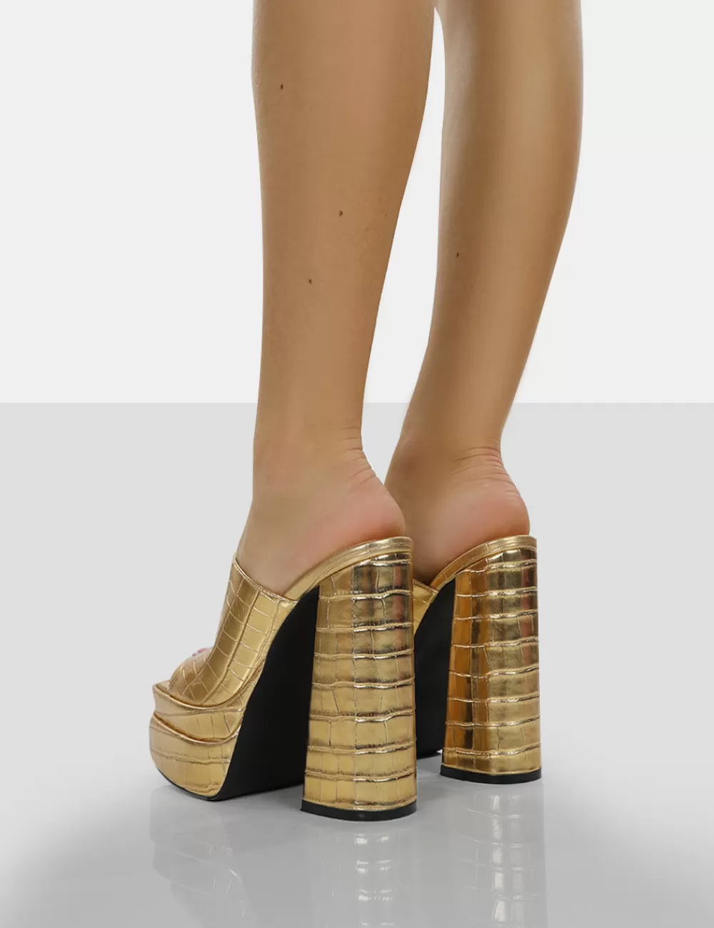 Clearance Public Desire Sky High Croc Chunky Platform High Heeled Mules Gold