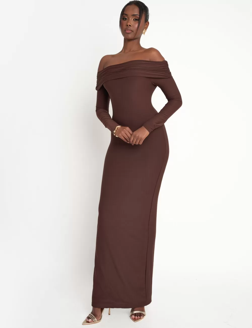 Store Public Desire Slinky Bardot Maxi Dress Brown