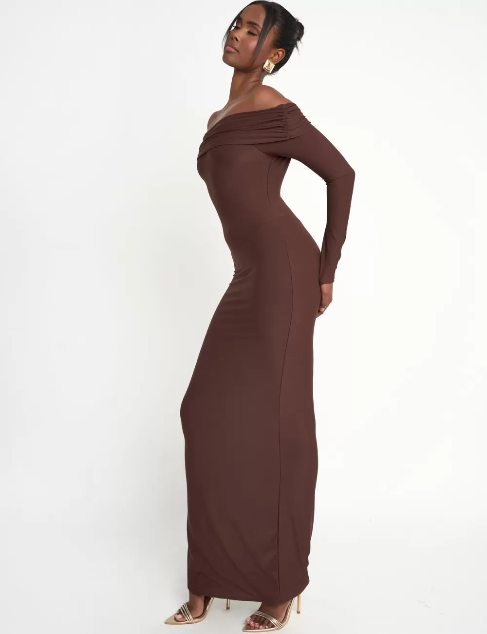 Store Public Desire Slinky Bardot Maxi Dress Brown