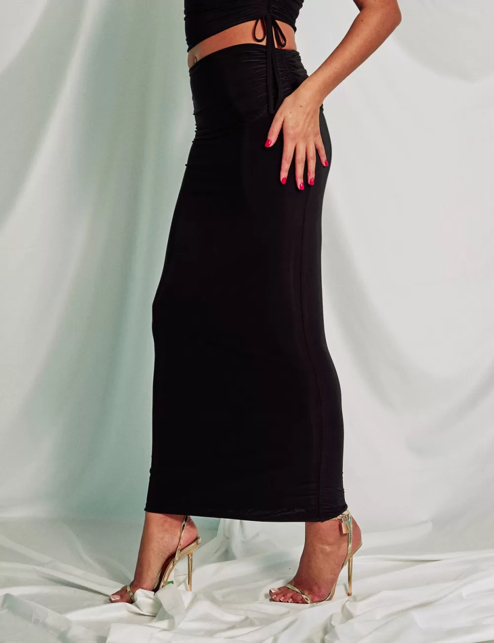 Hot Public Desire Slinky Foldover Ruched Maxi Skirt Black