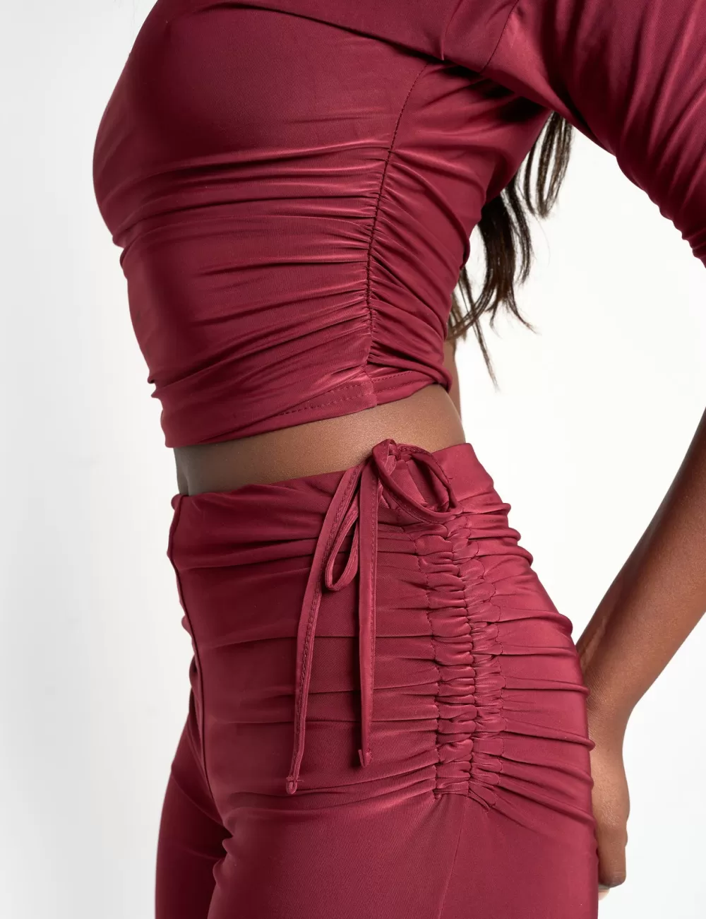 New Public Desire Slinky Ruched Short Sleeve Top Co Ord Burgundy