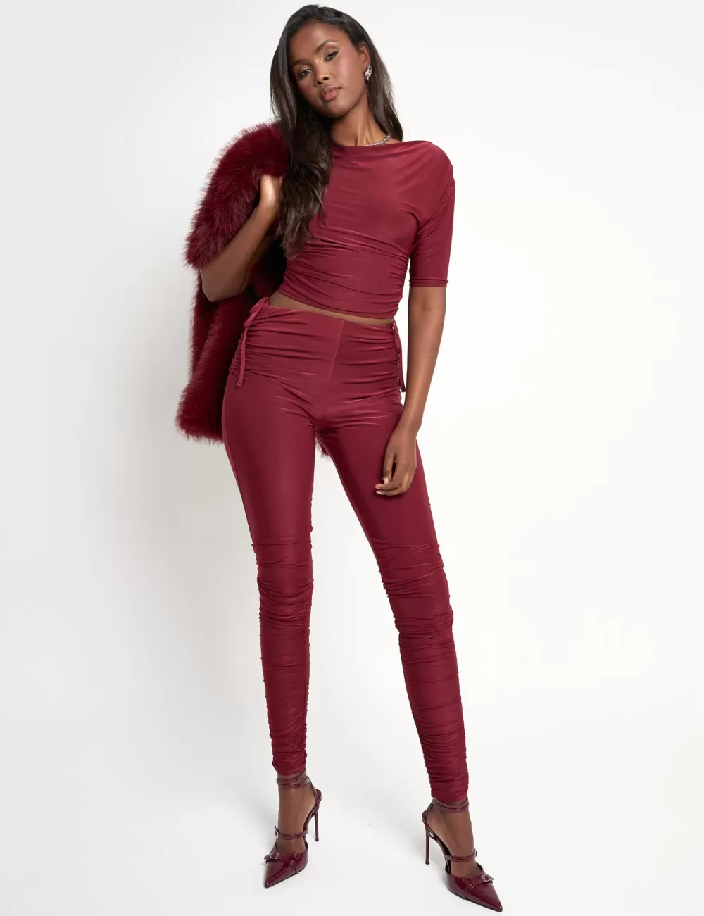 New Public Desire Slinky Ruched Short Sleeve Top Co Ord Burgundy