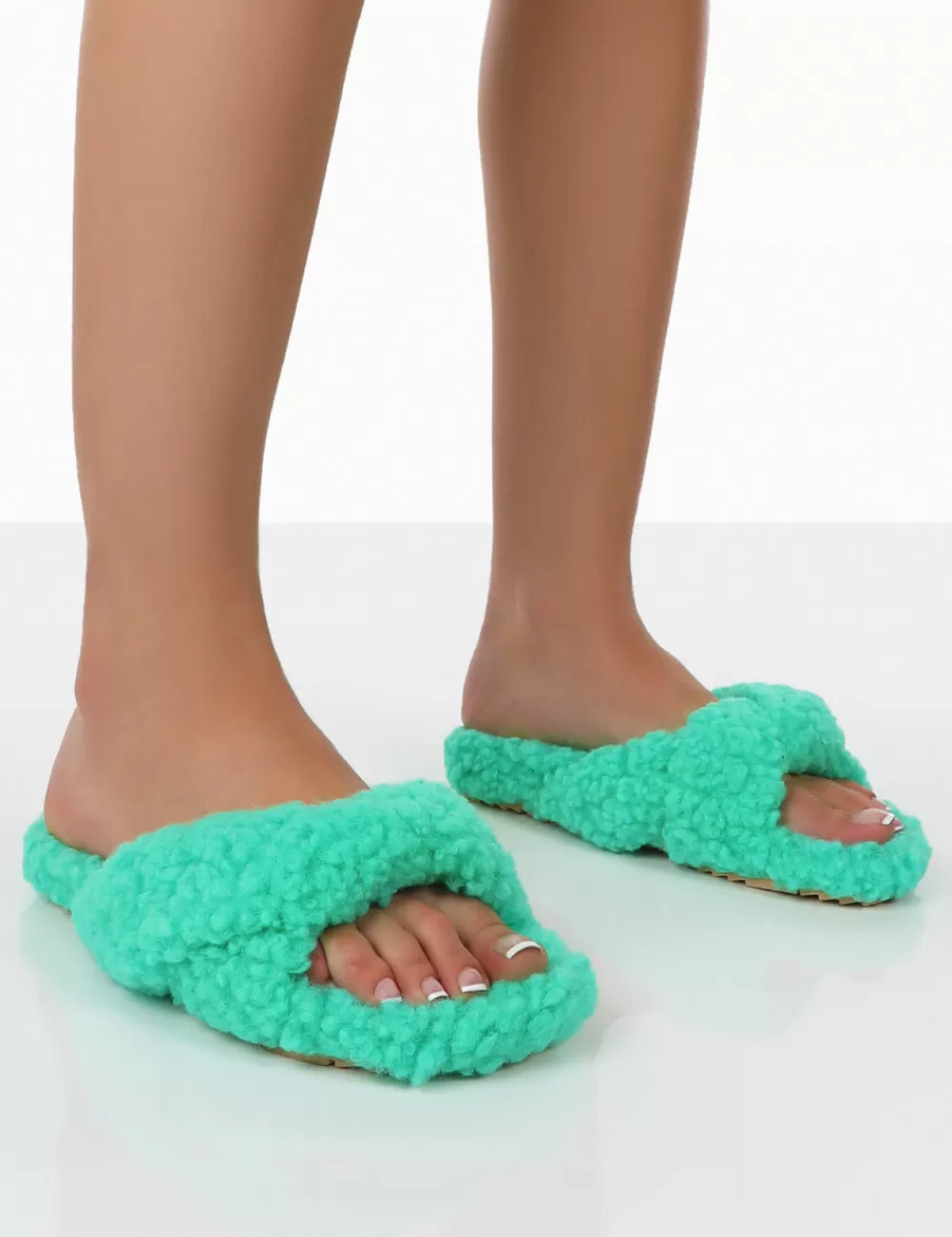 Fashion Public Desire Slumber Teddy Cross Over Strap Slippers Green