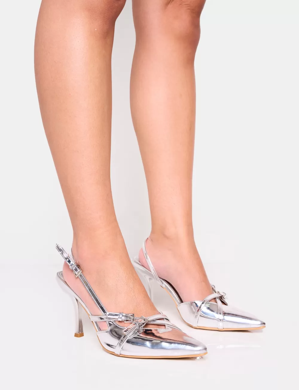 Sale Public Desire Smooch Buckle Detail Slingback Mid Heel Court Shoe Silver