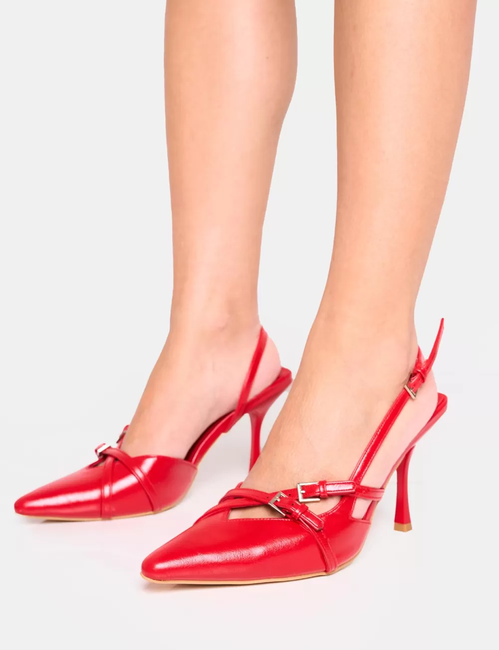 Cheap Public Desire Smooch Wide Fit Buckle Detail Slingback Mid Heel Court Shoe Red