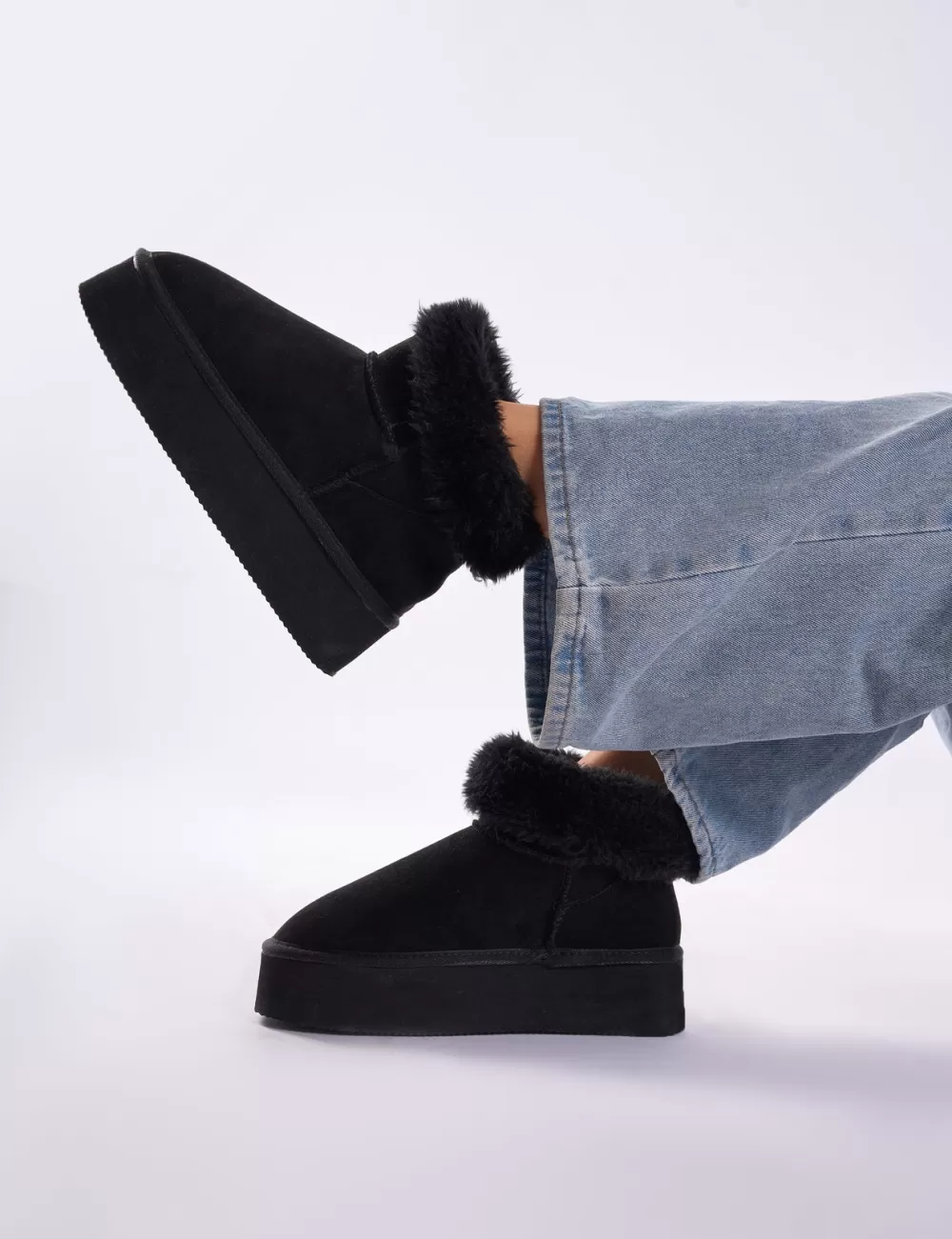 Online Public Desire Snowdrop Fur Faux Suede Ultra Mini Ankle Platform Boots Black