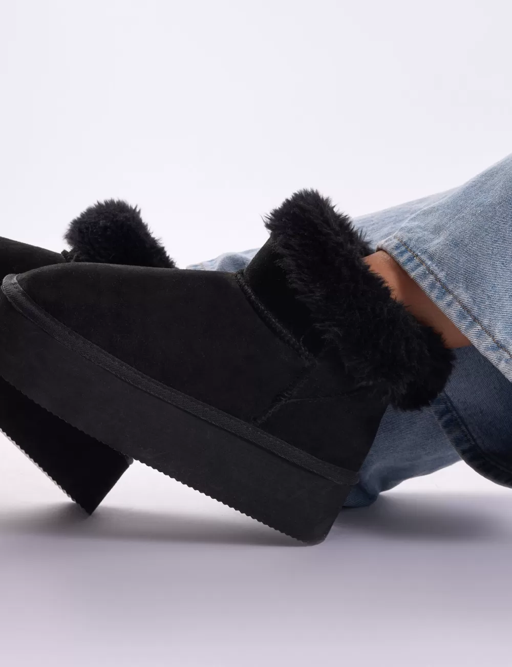Online Public Desire Snowdrop Fur Faux Suede Ultra Mini Ankle Platform Boots Black