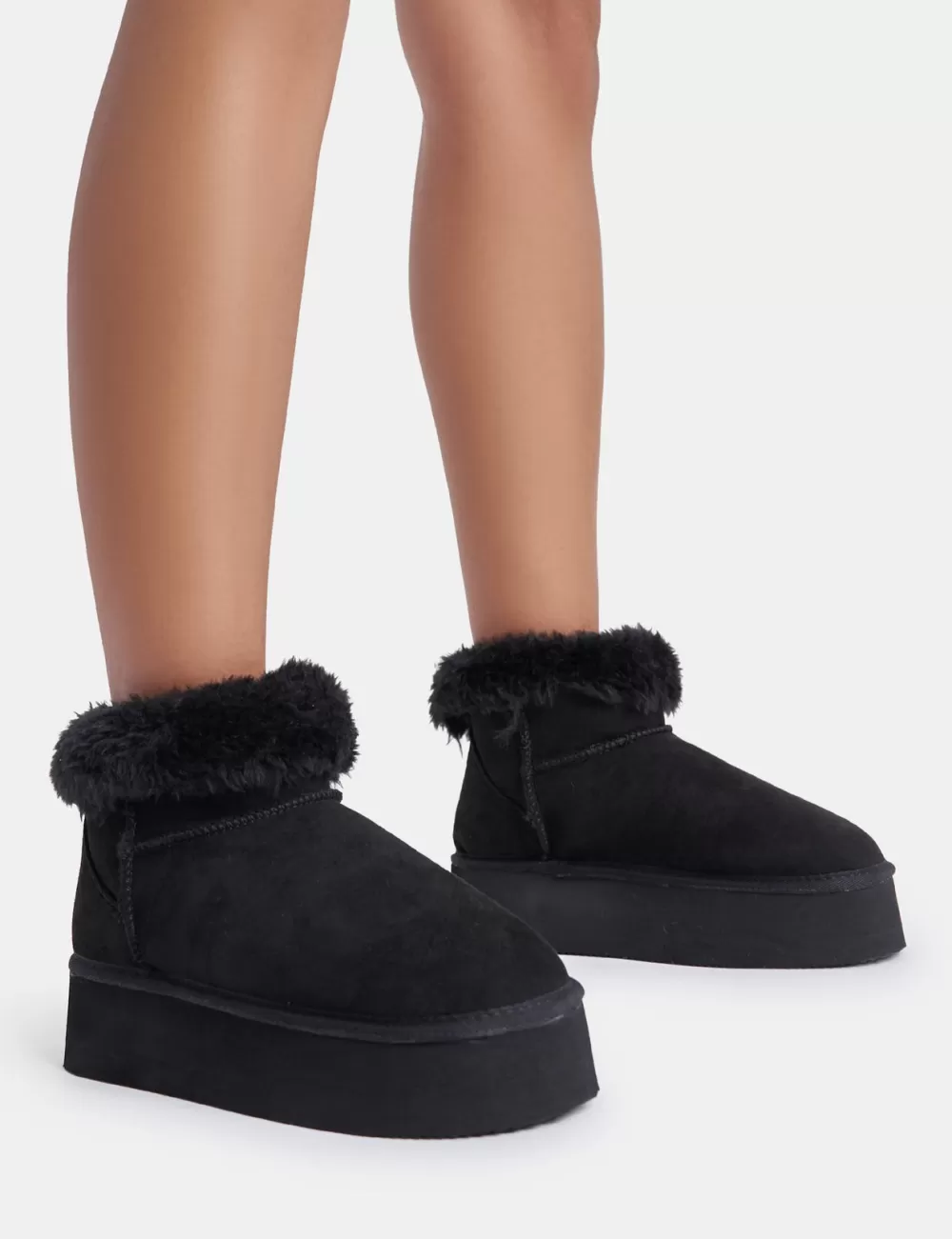 Online Public Desire Snowdrop Fur Faux Suede Ultra Mini Ankle Platform Boots Black