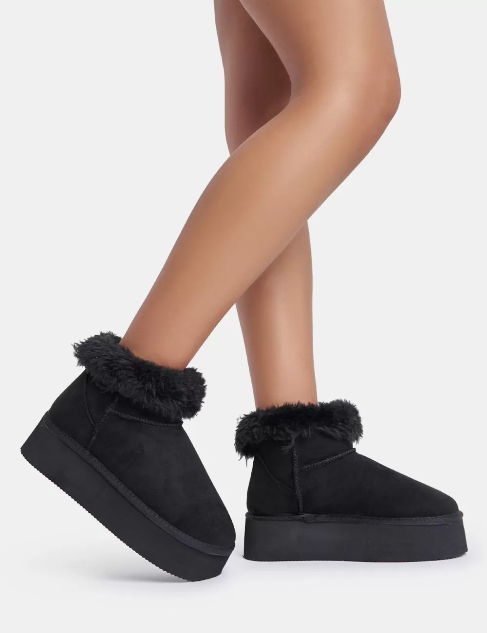 Online Public Desire Snowdrop Fur Faux Suede Ultra Mini Ankle Platform Boots Black