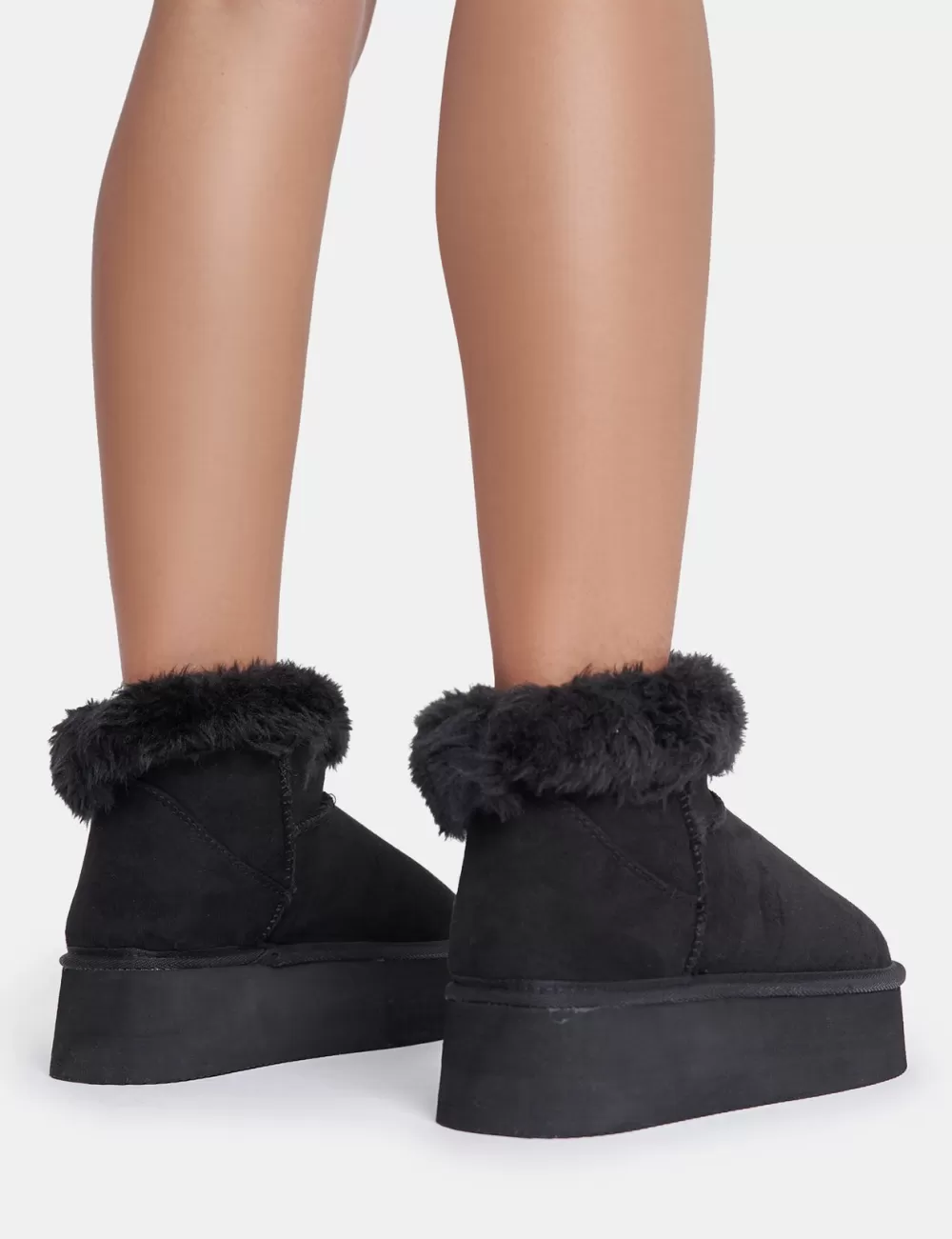 Online Public Desire Snowdrop Fur Faux Suede Ultra Mini Ankle Platform Boots Black