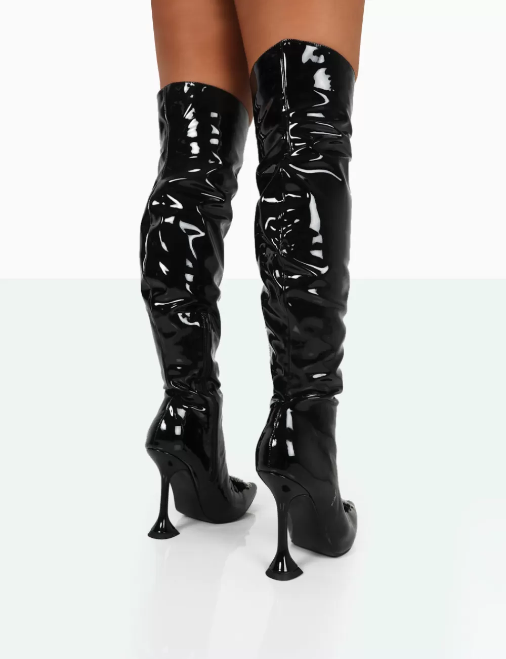 Fashion Public Desire Sonny Black Patent Sparkly Diamante Stud Pointed Toe Stiletto Heel Over the Knee Boots