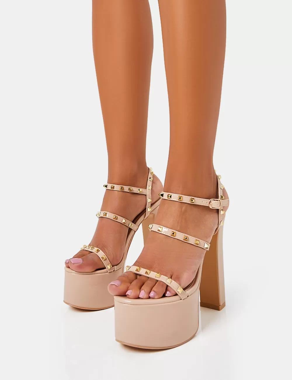 New Public Desire Stefania Nude Patent Studded Cage Platform Round Toe Block Heels