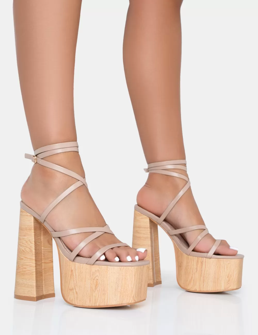 Best Public Desire Suki Nude PU Strappy Wood Effect Platform Square Toe Block Heels Neutral