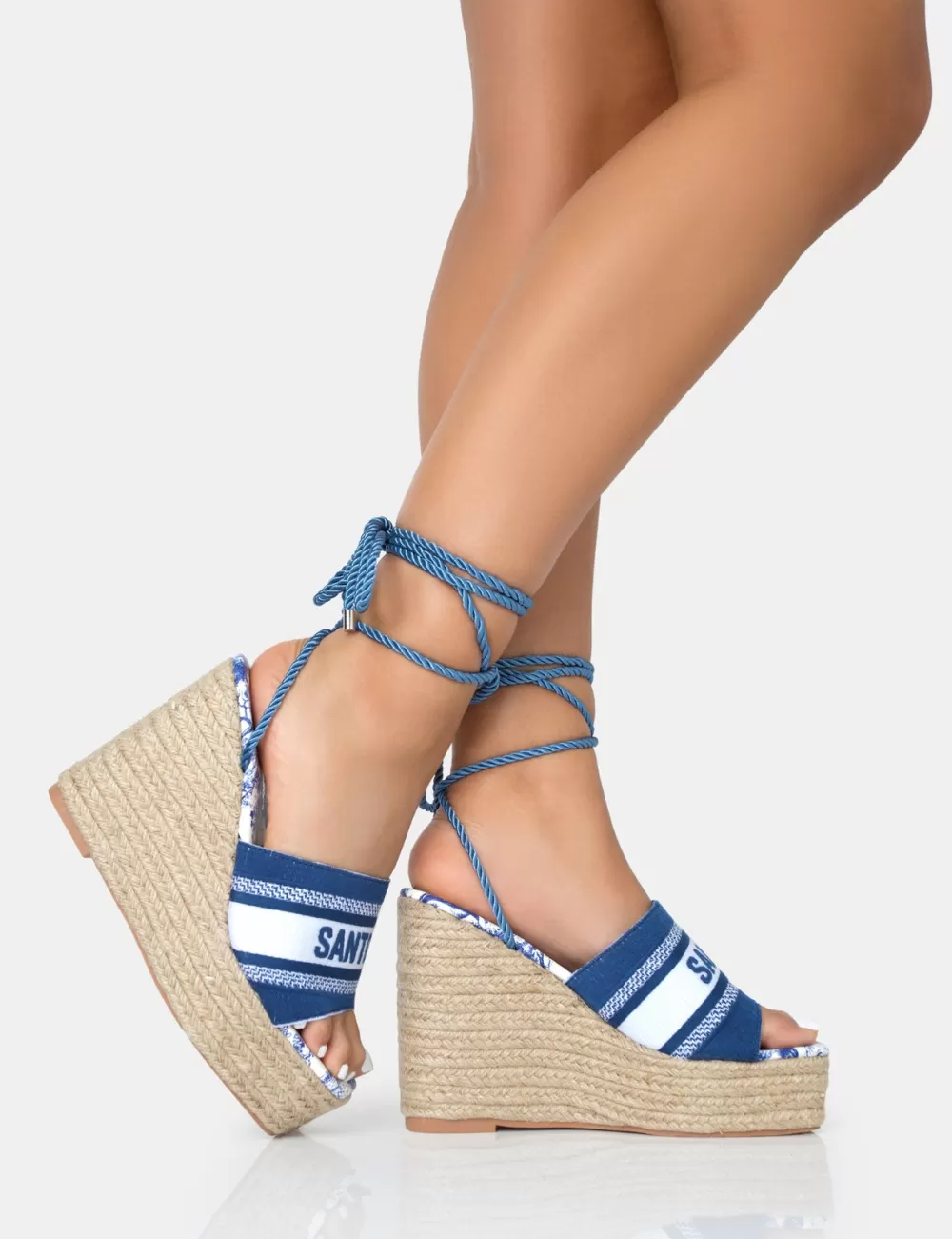 New Public Desire Take Off Embroidered Santorini Lace Up Raffia Square Toe Wedge Heels Navy