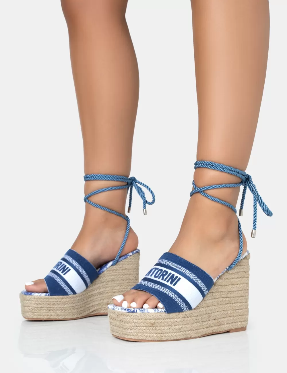 New Public Desire Take Off Embroidered Santorini Lace Up Raffia Square Toe Wedge Heels Navy