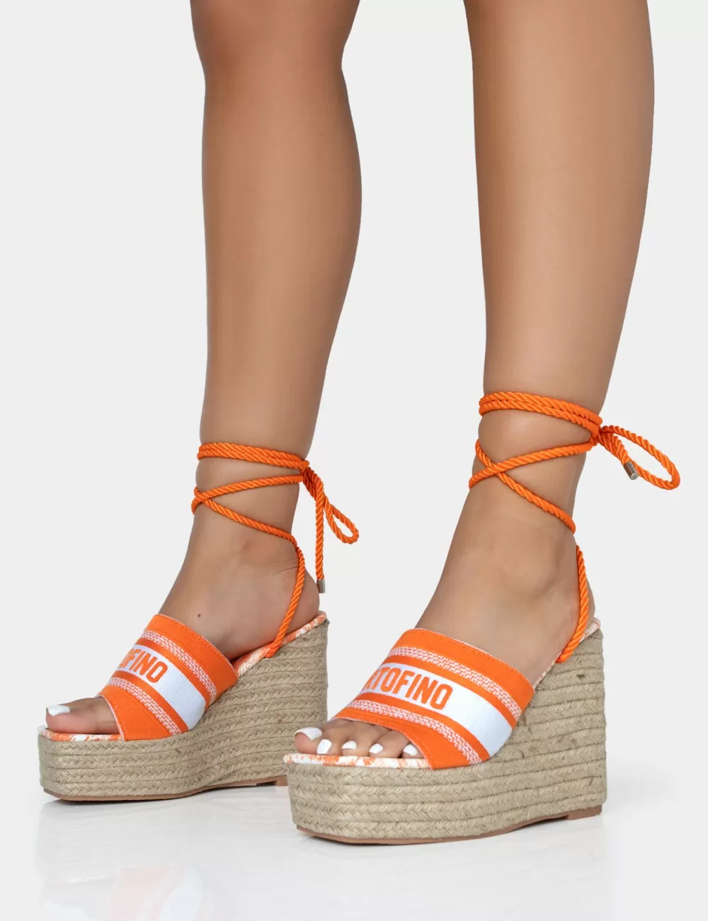 New Public Desire Take Off Embroidered Portofino Lace Up Raffia Wedge Heels Orange