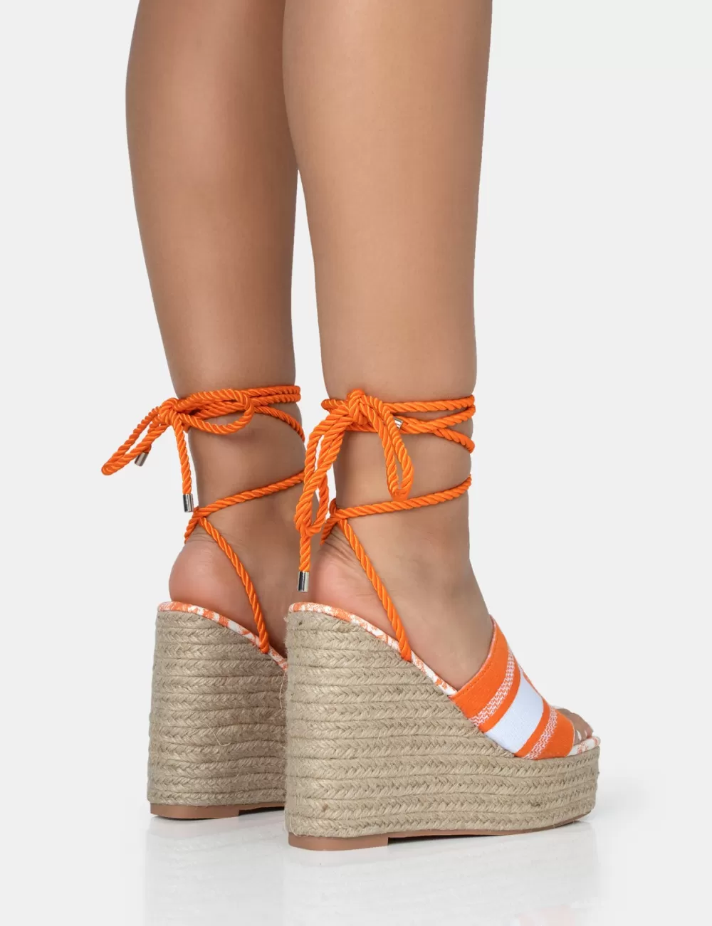 New Public Desire Take Off Embroidered Portofino Lace Up Raffia Wedge Heels Orange