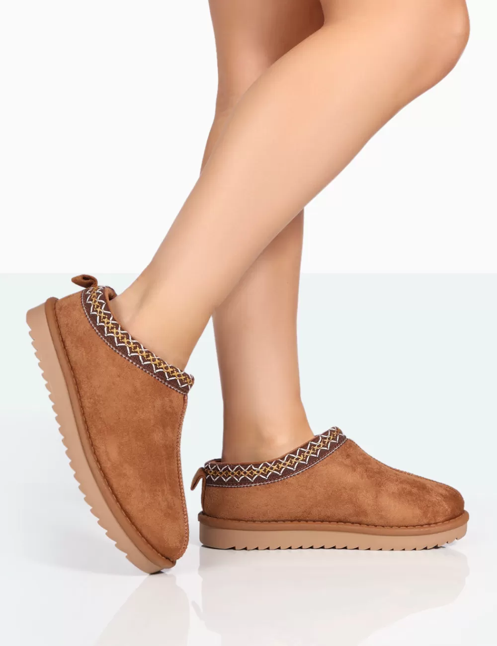 Fashion Public Desire Tamsin Tan Faux Suede Embroidered Slipper Boots Brown