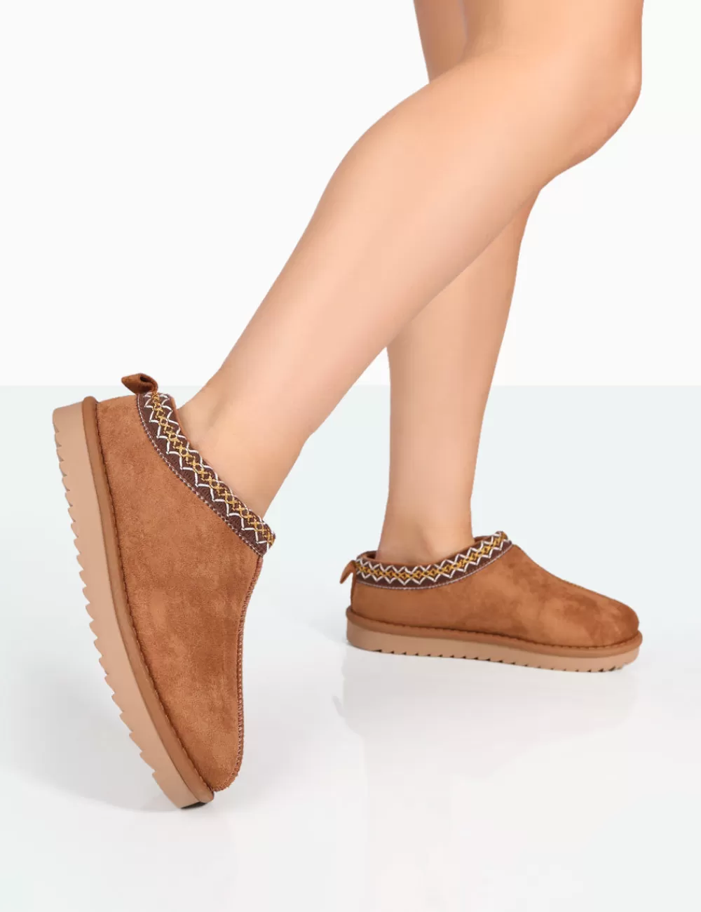 Fashion Public Desire Tamsin Tan Faux Suede Embroidered Slipper Boots Brown