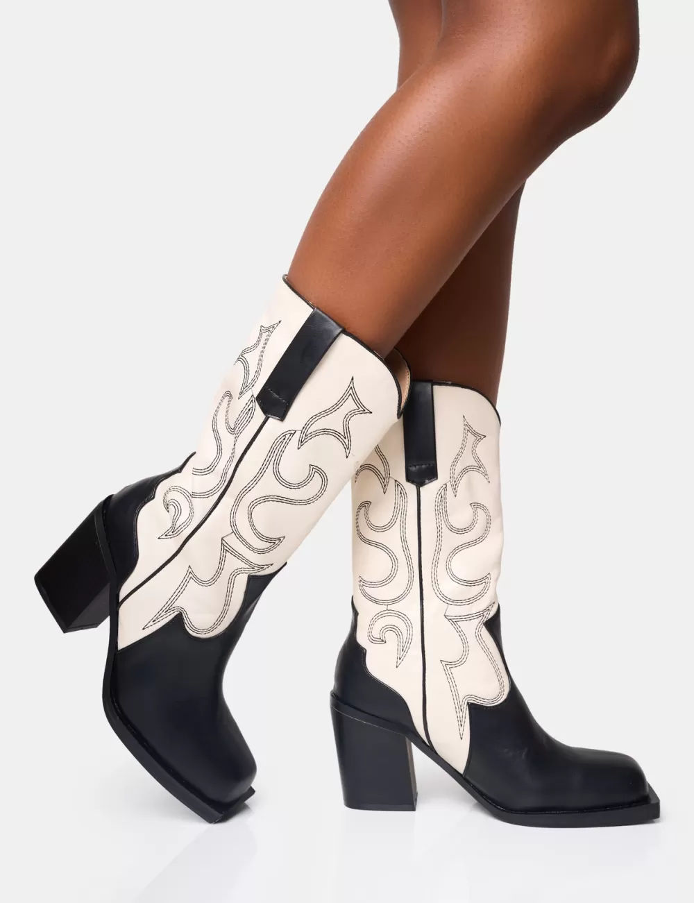 Online Public Desire Texas Black and Ecru Western Block Heel Ankle Boots Monochrome