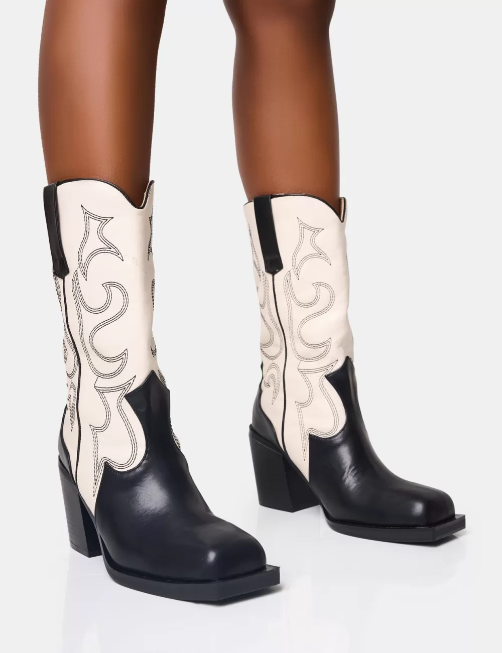 Sale Public Desire Texas Wide Fit Black and Ecru Western Block Heel Ankle Boots Monochrome