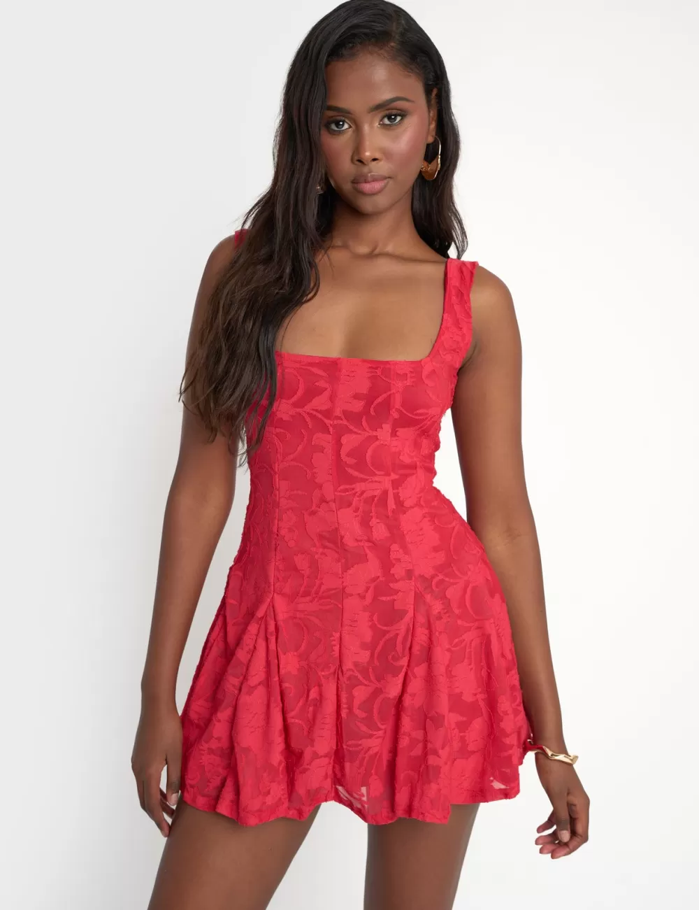 Fashion Public Desire Textu Floral Mini Skater Dress Red