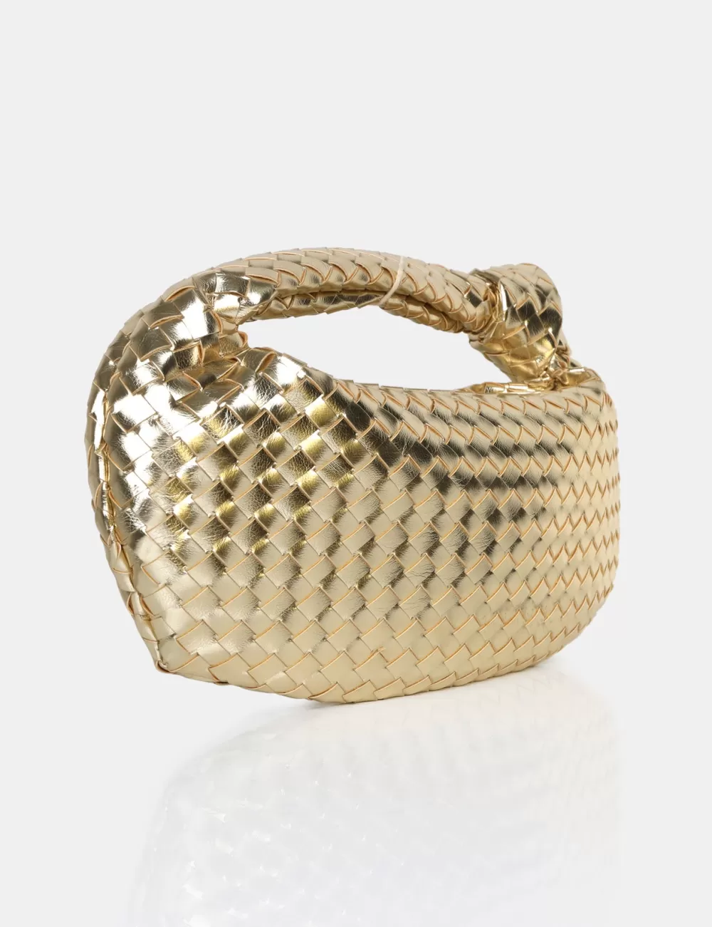 Shop Public Desire The Blame Metallic Woven PU Knot Detail Mini Grab Bag Gold