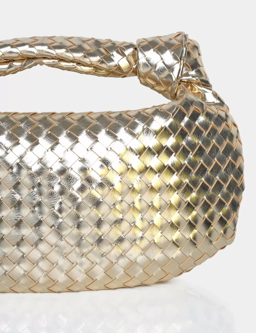 Shop Public Desire The Blame Metallic Woven PU Knot Detail Mini Grab Bag Gold