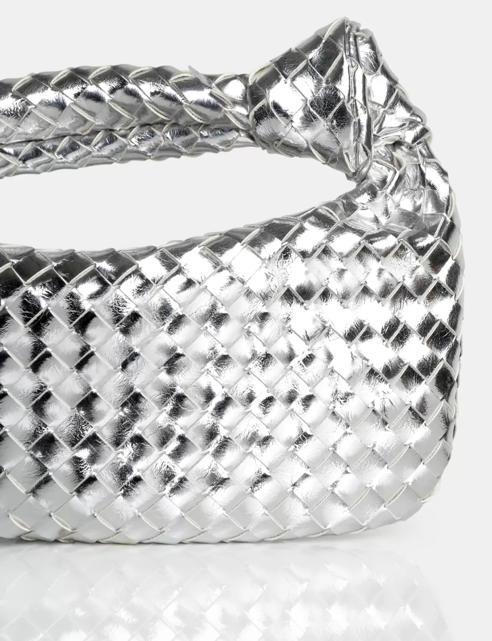 Cheap Public Desire The Blame Metallic Mirror Woven PU Knot Detail Mini Grab Bag Silver
