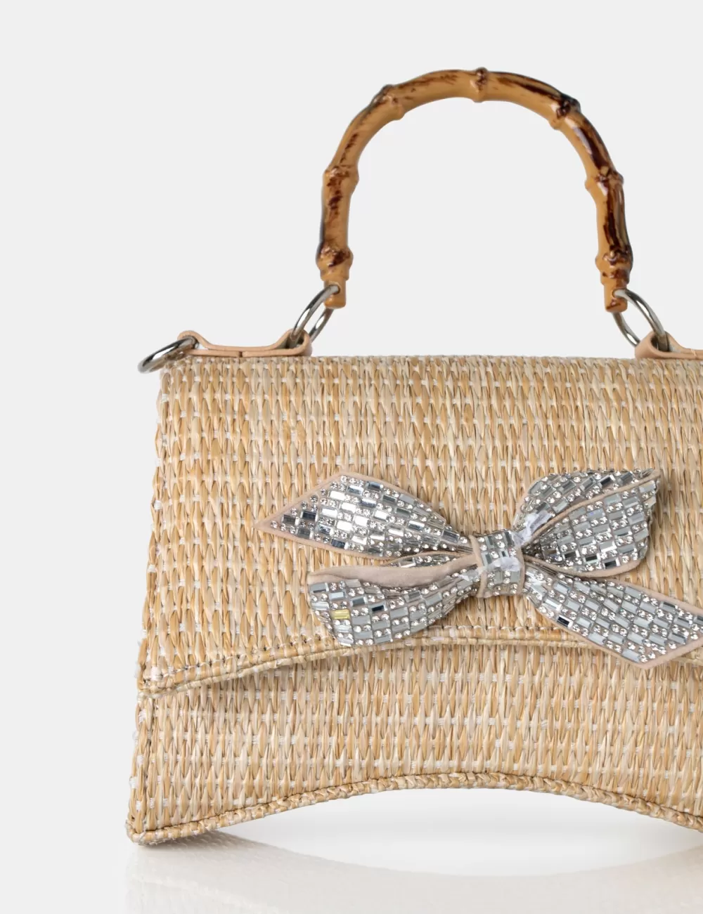 Best Public Desire The Bow Natural Raffia Bamboo Handle Diamante Bow Grab Bag Neutral