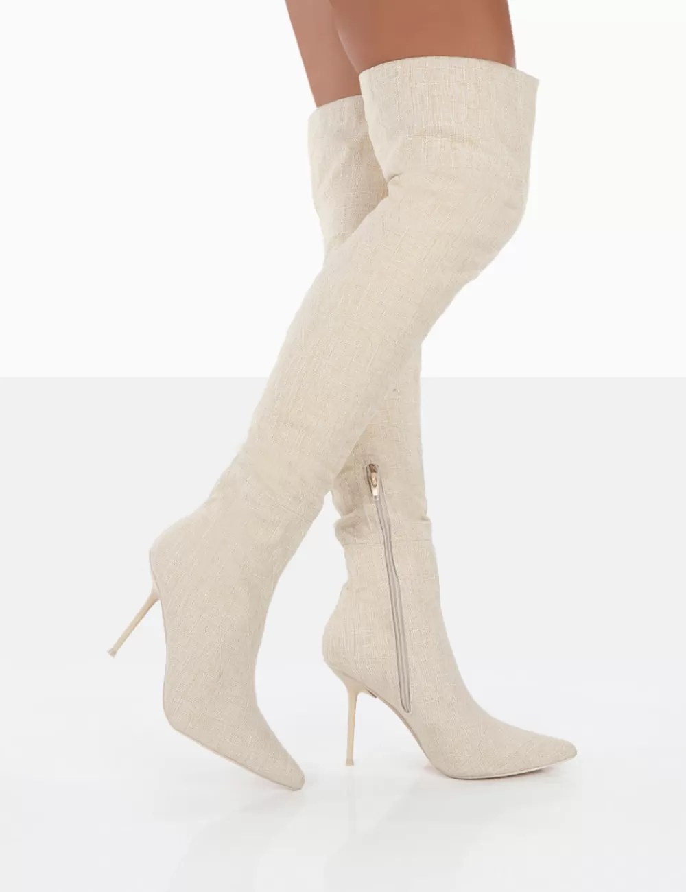 Shop Public Desire Tianna Natural Linen Pointed Toe Over The Knee Stiletto Boots Nude