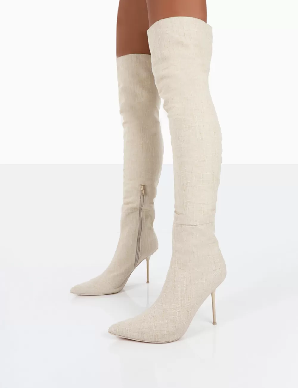 Shop Public Desire Tianna Natural Linen Pointed Toe Over The Knee Stiletto Boots Nude