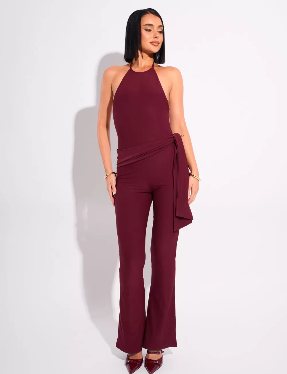 Best Sale Public Desire Tie Back Luxe Slinky Jumpsuit Burgundy