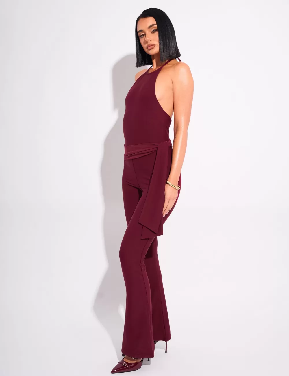 Best Sale Public Desire Tie Back Luxe Slinky Jumpsuit Burgundy