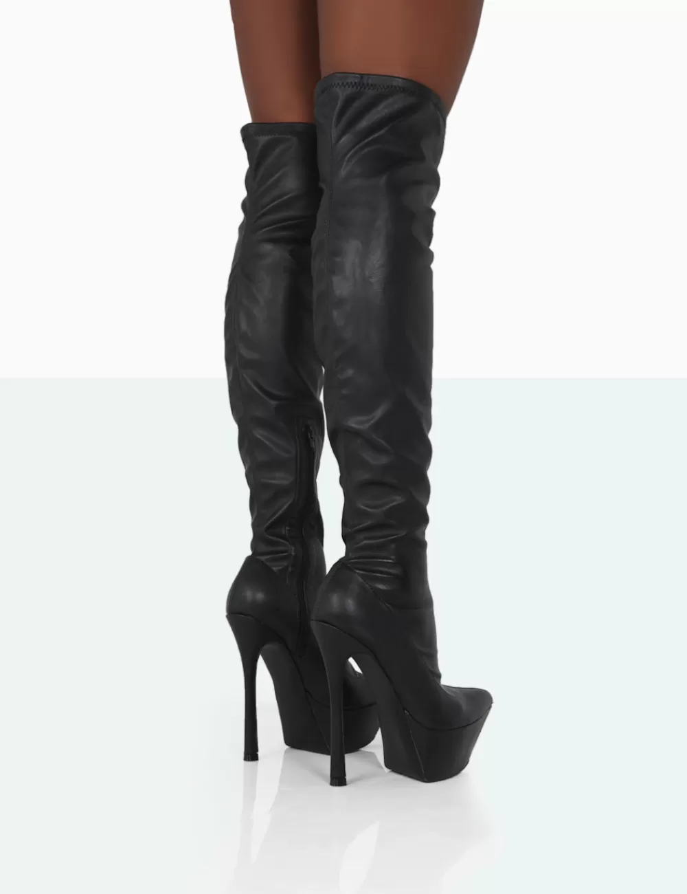 Online Public Desire Trixie Grain Pu Stiletto Platform Over the Knee Boots Black