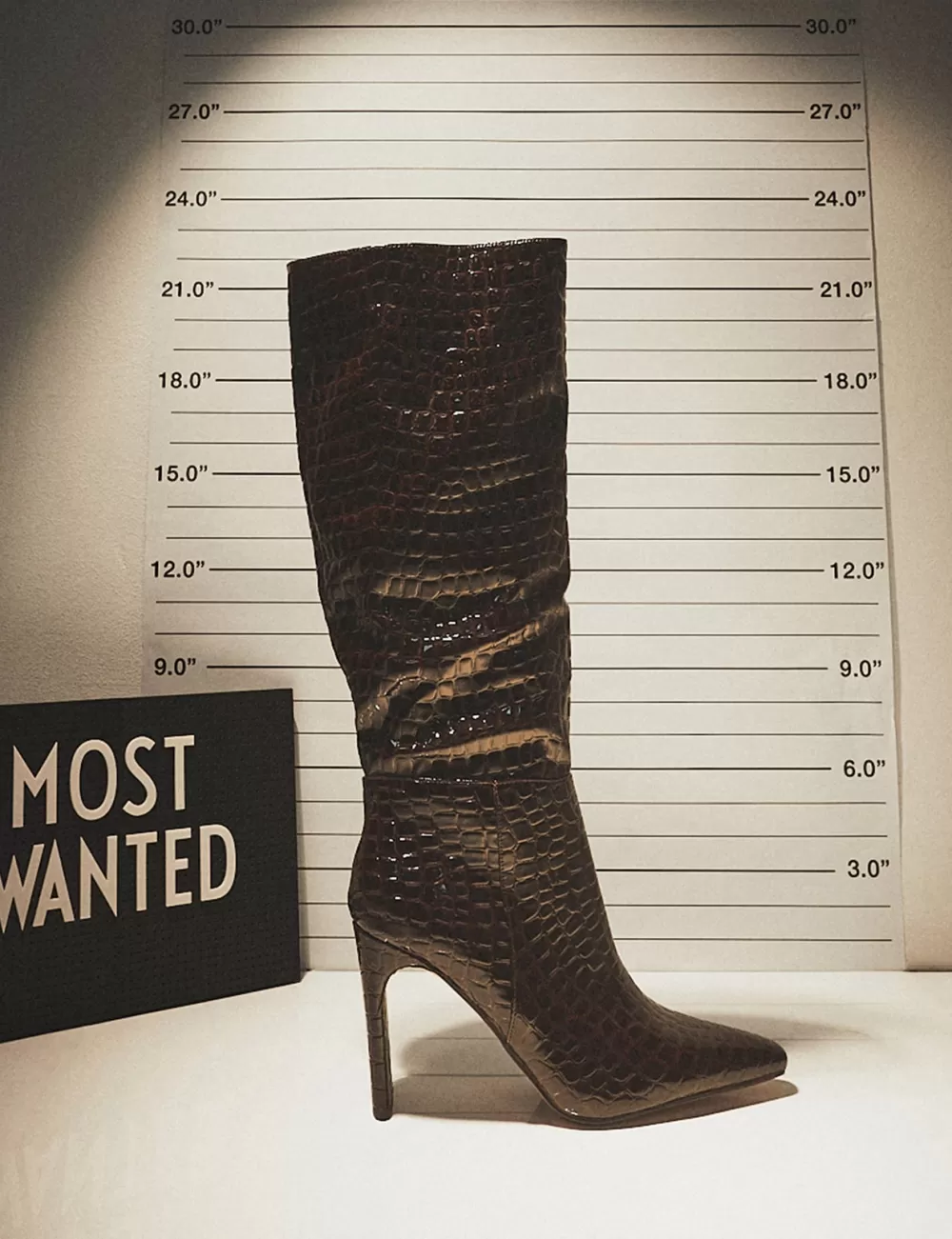 Hot Public Desire Undone Patent Croc Knee High Zip Up Thin Block Heeled Boots Brown
