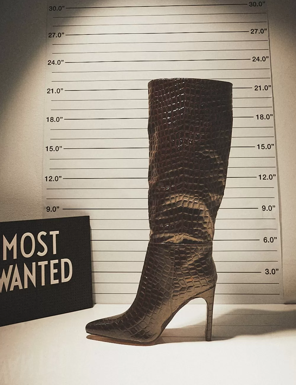 Hot Public Desire Undone Patent Croc Knee High Zip Up Thin Block Heeled Boots Brown