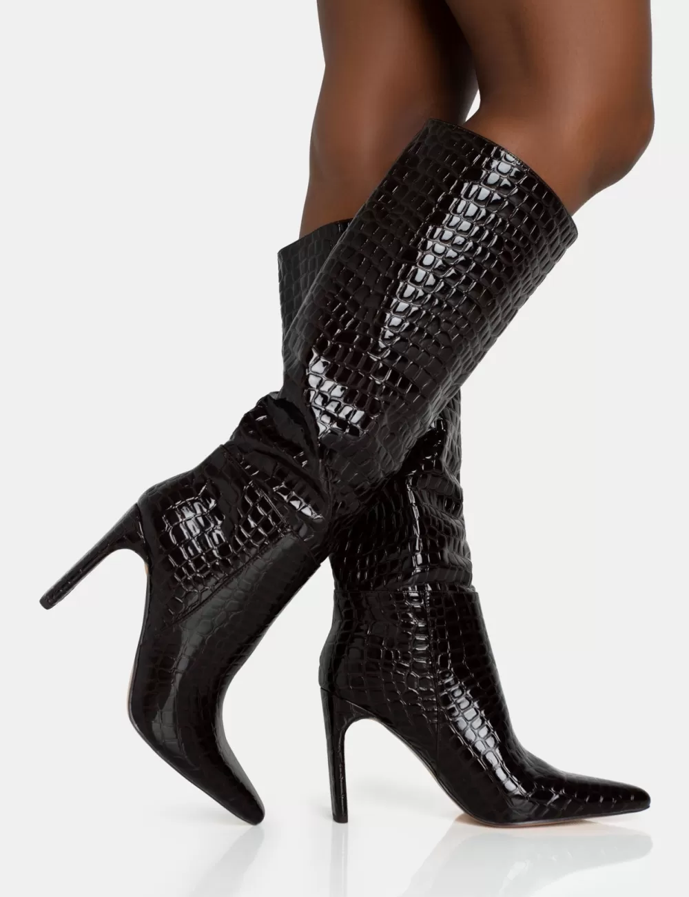 Hot Public Desire Undone Patent Croc Knee High Zip Up Thin Block Heeled Boots Brown