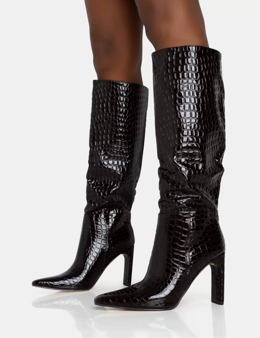 Hot Public Desire Undone Patent Croc Knee High Zip Up Thin Block Heeled Boots Brown