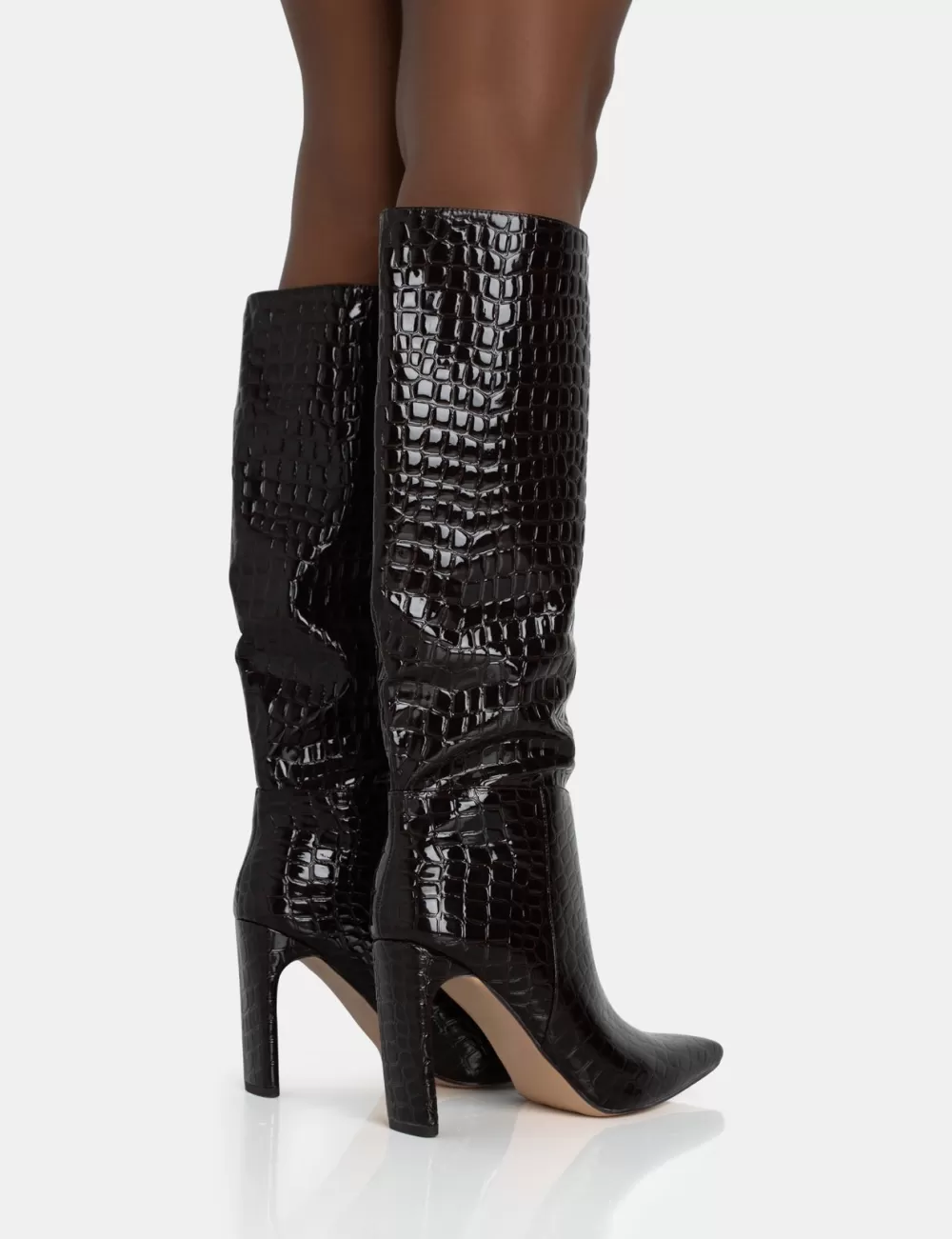 Hot Public Desire Undone Patent Croc Knee High Zip Up Thin Block Heeled Boots Brown